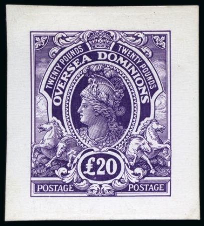 1910ca. De La Rue "Britannia" £20 "OVERSEA DOMINIONS" dummy stamp die proof in deep purple