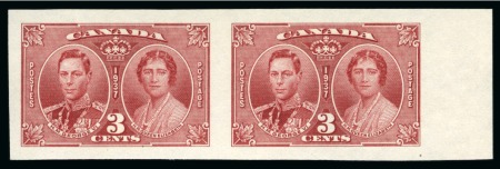 Stamp of Canada Canada 1937 Coronation 3c carmine IMPERFORATE horizontal proof pair 