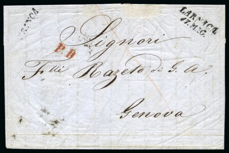 Stamp of Cyprus Cyprus 1855 (17 May) entire letter (in Italian) from Larnaca to Genoa, the front with very fine strike of "LARNACA" 