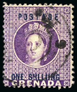 Grenada 1875 1/- Deep Mauve, perf. 14, overprint variety "SHLLIING";