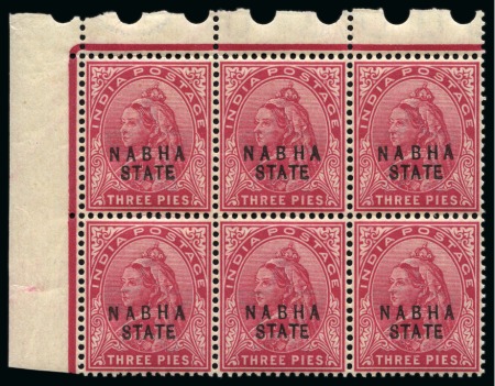 NABHA 1900 3p carmine unmounted mint, upper left corner block of six, variety "overprint double one albino". 
