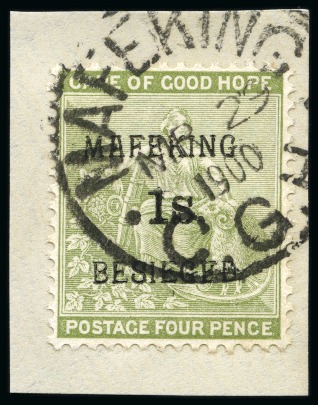 Stamp of South Africa » Mafeking MAFEKING 1900 1/- on 4d sage-green, type 1, surcharge pos. 5 of the setting with no comma after MAFEKING