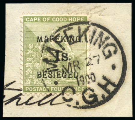 Stamp of South Africa » Mafeking Mafeking Siege 1900 1/- on 4d. sage-green neatly tied to small piece by