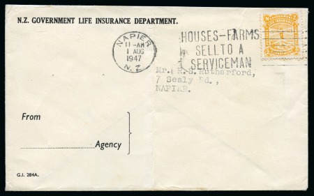 Stamp of New Zealand New Zealand Life Insurance. 1947 (1 AUG) Official printed envelope (G.I. 284A. FROM ...... AGENCY printing) to Napier, 