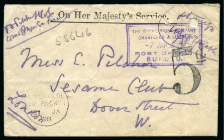 Stamp of Nigeria » Niger Coast Protectorate Niger Comp Territory 1898 (7 JAN) stampless O.H.M.S. cover to London endorsed at upper right "Stamps unobtainable"  