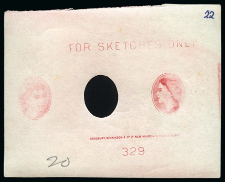 QEII Bradbury Wilkinson Die proof on gummed paper showing three different portraits of the Queen in red 