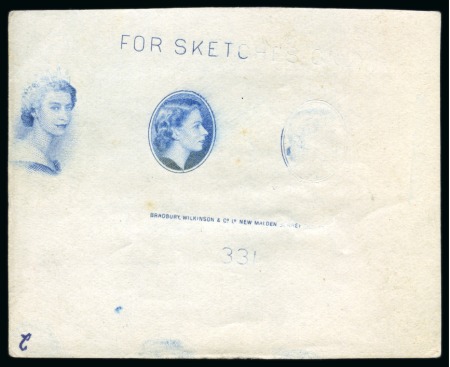 Stamp of British Empire General Collections and Lots » British Empire Essays QEII Bradbury Wilkinson Die proof on gummed paper showing three different portraits of the Queen in blue