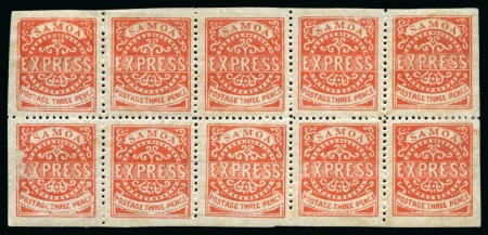 SAMOA 1877-80 EXPRESS 3d vermilion 3rd state perf 12 complete sheet of 10 (5x2)