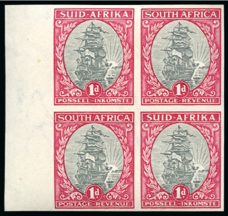 Stamp of South Africa » Union & Republic of South Africa SOUTH AFRICA 1933-48 1d grey and carmine SUID-AFRIKA hyphenated imperforate marginal block of four 