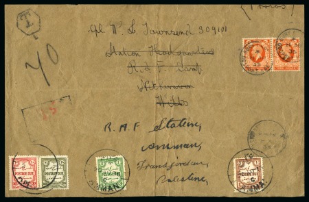 Stamp of Jordan » British Mandate Territory 1920-1943 Transjordan 1935 (20 AU) incoming parcel front from England originally addressed internally to Station Headquarters 
