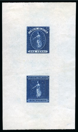 Stamp of British Virgin Islands 1866 1d and 6d engraved se-tenant die proofs in Prussian blue 