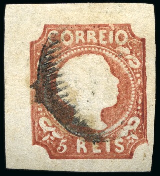Stamp of Portugal 1855-56 5r brown red, die II, worn plate variety, used