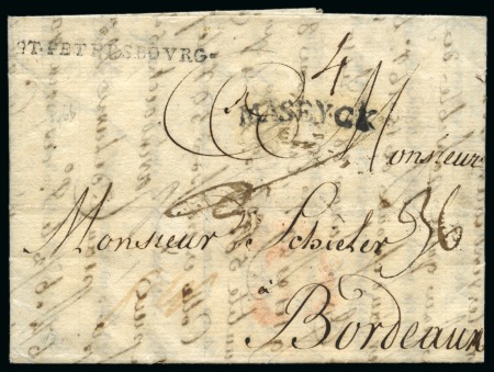 Stamp of Russia » Russia Imperial Pre-Stamp Postal History 1765 First year of Russian handstamps: Entire posted from St. Petersburg to Bordeaux bearing straight line ST.PETERSBOVRG
