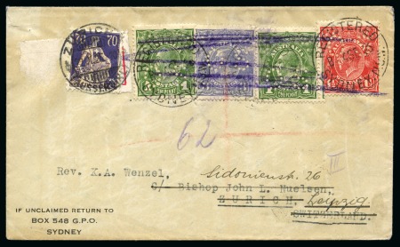 Stamp of Australia » Commonwealth of Australia 1925 (Sep 4) Envelope sent registered to Switzerland with Officials KGV 1d (2), 1 1/2d and 3d, redirected
