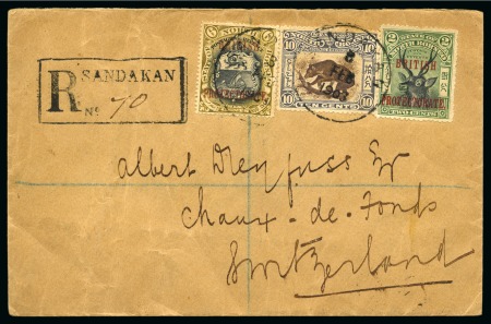 Stamp of North Borneo 1903 (Feb 3) Envelope sent registered to Switzerland with 1897-1902 10c and 1901-05 2c and 6c tied by SANDAKAN cds 