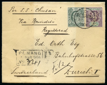Stamp of Malaysia » Straits Settlements 1904 (Mar 5) Envelope sent registered to Switzerland with 1902-03 1c and 25c, with the 25c showing "S. K. / C." commercial perfin