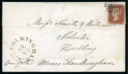 1841 1d Red IA, close to huge margins, tied to 1842 (Aug 10) wrapper by neat blue Maltese Cross