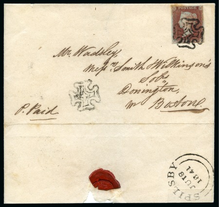 Stamp of Great Britain » The "Quercus" Collection » 1841 1d Red 1841 1d Red pl.8 AG, very close to good margins, tied to 1841 (Jun 18) large part wrapper from Spilsby by black Maltese Cross with further strike adjacent