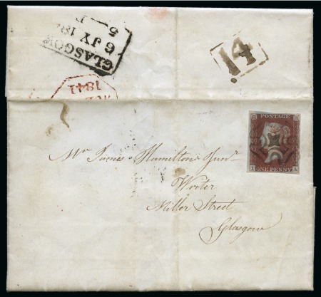 1841 1d Red pl.11 IA tied to 1841 (Jul 6) entire sent locally in Glasgow by solid centre Glasgow Maltese Cross