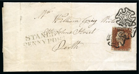 Stamp of Great Britain » The "Quercus" Collection » 1841 1d Red 1841 1d Red pl.21 GF tied to 1843 wrapper sent locally from Stanley by THREE black Maltese Crosses and cancelled by a four-pointed star 
