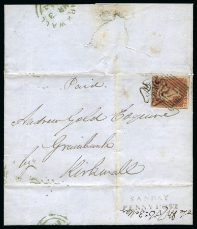 Stamp of Great Britain » The "Quercus" Collection » 1841 1d Red 1841 1d Red pl.160, fine to large margins, tied to 1854 (Mar 3) wrapper from Sanday, Orkney Islands very late watery black Maltese Cross 