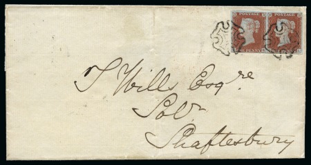 Stamp of Great Britain » The "Quercus" Collection » 1841 1d Red 1841 1d Red pl.45 pair tied to 1844 (Sep 8) wrapper from Castle Cary by late usage of the black Maltese Cross