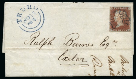 Stamp of Great Britain » 1840 1d Black and 1d Red plates 1a to 11 1841 1d Red pl.10 FH on 1841 (Nov 17) entire from Truro to Exeter cancelled by blue Maltese Cross
