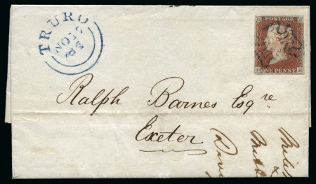 1841 1d Red pl.10 FH on 1841 (Nov 17) entire from Truro to Exeter cancelled by blue Maltese Cross