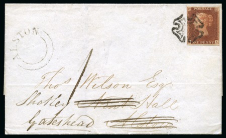 1841 1d Red pl.5 JA, state II, tied to 1841 (Sep 20) wrapper from Carlisle to Alton by black Maltese Cross