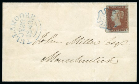 1841 1d Red DB tied to 1843 (Jul 28) wrapper from Tullamore to Mountmellick (Ireland) by neat blue Maltese Cross