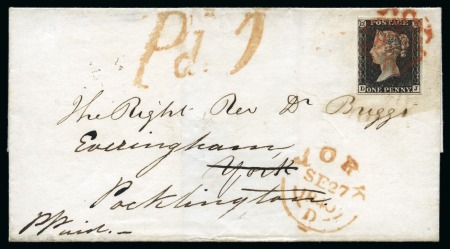 1840 1d Black pl.1a DJ tied to 1840 (Sep 26) wrapper from London to York by neat red MC, redirected with handstamp