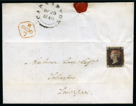 1840 1d Black pl.1b AC tied to 1840 (Oct 29) entire from Caernarvon (Wales) by vivid red MC