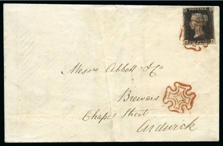 Stamp of Great Britain » The "Quercus" Collection » 1840 1d Black 1840 1d Black pl.1b HE tied to 1840 (Dec 12) lettersheet from Manchester by neat red-brown MC with further crisp strike below