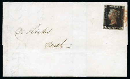 Stamp of Great Britain » The "Quercus" Collection » 1840 1d Black 1840 1d Black pl.5 DI, good margins, tied to 1840 (Aug 26) lettersheet from London to Bath with neat red Maltese Cross