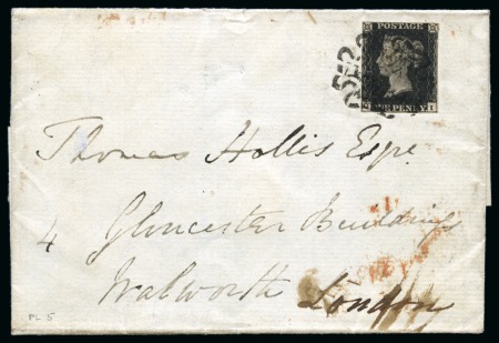 Stamp of Great Britain » The "Quercus" Collection » Distinctive Maltese Cross Cancellations 1840 1d Black pl.5 QI, tied to 1840 (Feb 14) wrapper by two strikes of the distinctive Wotton-under-Edge Maltese Cross in black