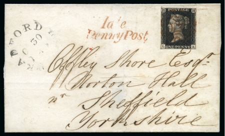 Stamp of Great Britain » The "Quercus" Collection » 1840 1d Black 1840 1d Black pl.7 LA, fine to good margins, on 1840 (Oct 30) wrapper from Idle to Sheffield (Yorkshire)