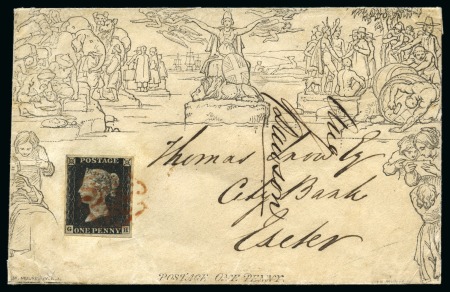 Stamp of Great Britain » The "Quercus" Collection » 1840 1d Black 1840 1d Black pl.2 GH on 1840 (Aug) 1d Mulready envelope from Yealmpton, tied by red Maltese Cross but Britannia left uncancelled contrary to regulations