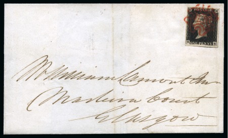 Stamp of Great Britain » The "Quercus" Collection » 1840 1d Black 1840 1d Intense Black pl.1b RE ("NE" joined) tied to 1840 (Sep 6) wrapper from Edinburgh by crisp and vivid red Maltese Cross