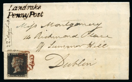 1840 1d Intense Black pl.1b AB top marginal showing partial marginal inscription, tied to 1840 (Aug 23) entire