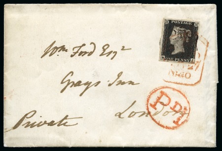 1840 1d Black pl.4 MJ tied to 1840 (Jul) wrapper from Brighton to London by light Maltese Cross in a mixture of red and black inks