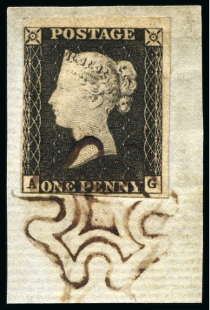 Stamp of Great Britain » The "Quercus" Collection » Coloured Maltese Cross Cancellations Brown: 1840 1d Black pl.1a AG, tied to small piece by complete brown Maltese Cross