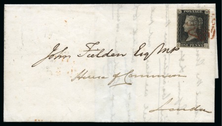 Stamp of Great Britain » The "Quercus" Collection » Change of Cancellation Ink 1840 1d Black pl.5 CC, state 2, tied to 1841 (Feb 16) lettersheet to the House of Commons by red Maltese Cross, late usage