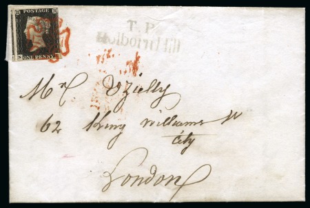1840 1d Black pl.2 NC, tied to 1840 (Jun 10) entire from "London Coffee House" by crisp and vivid red Maltese Cross,