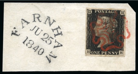 Stamp of Great Britain » The "Quercus" Collection » 1840 1d Black 1840 1d Black pl.3 HH, tied to small piece by neat red Maltese Cross with Farnham "traveller" ds adjacent