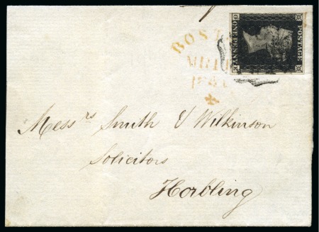 1840 1d Black pl.9 GE tied to 1841 (Mar 11) wrapper by light black Maltese Cross and Boston "traveller" datestamp in yellow,