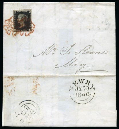 1840 1d Black pl.5 KC tied to 1840 (Jul 10) lettersheet from Newry by two strikes of a deep red-brown Maltese Cross