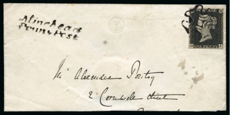 Stamp of Great Britain » 1840 1d Black and 1d Red plates 1a to 11 1840 1d Black pl.3 OJ tied to large part envelope by watery black Maltese Cross with matching "Minehead / Penny Post" hs adjacent
