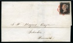 1840 1d Black pl.3 QD tied to 1840 (Aug 18) wrapper from Rugby to Warwick (Warwickshire) by neat vermilion Maltese Cross