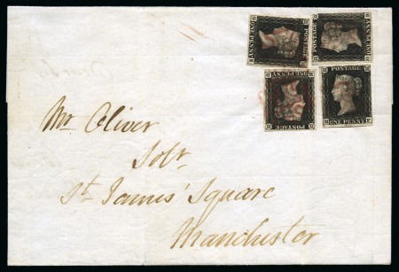 1840 1d Black pl.6 GB, GE, HD and HF, tied to 1840 (Feb 16) wrapper from Preston by several magenta Maltese Crosses