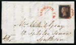 Stamp of Great Britain » The "Quercus" Collection » Coloured Maltese Cross Cancellations 1840 1d Black pl.7 DI tied to 1840 (Sep 13) entire from Totland Bay (Isle of Wight) by crisp and vivid reddish pink Maltese Cross applied in Yarmouth 